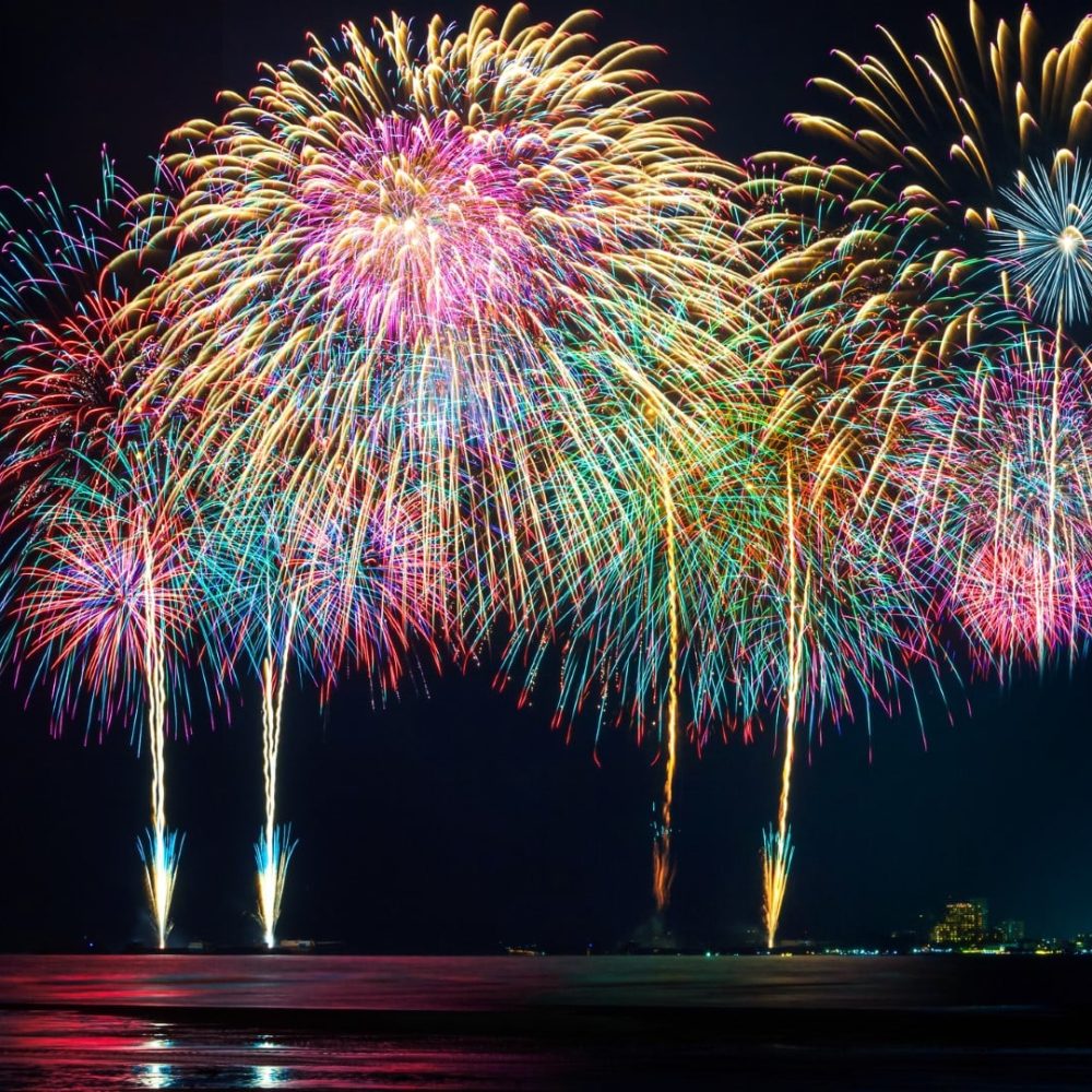 Colorful fireworks on black sky background